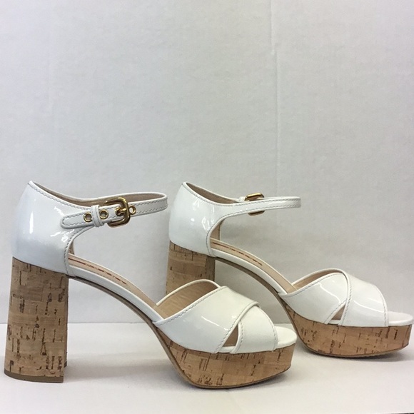 PRADA White Patent Block Heel Sandal Gold Hardware - Picture 3 of 13